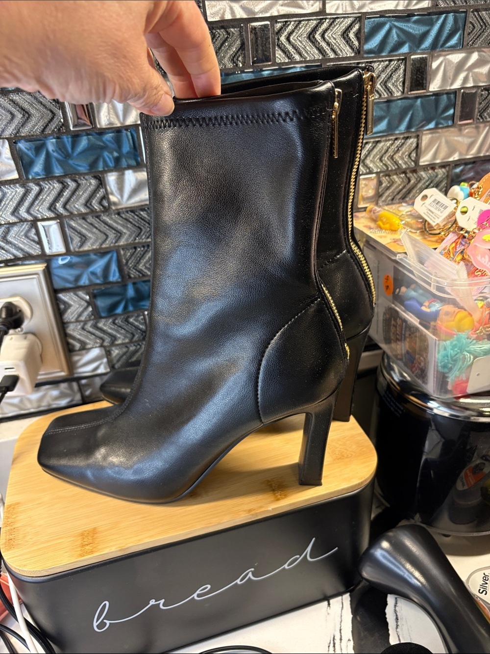 Steve Madden Black Square-Toe Stretch Ankle Boots - Picture 5 of 9